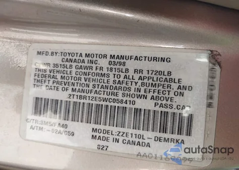 1998 Toyota Corolla Ve from USA, damaged, VIN 2T1BR12E5WC058410